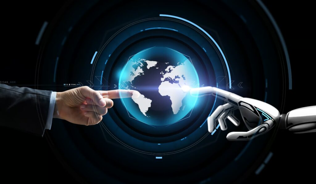 Why AI And Robotic Testing Don’t Replace Testers; They Supercharge Them 4 Human-hand-and-robotic-Hand-with-a-virtual-universe