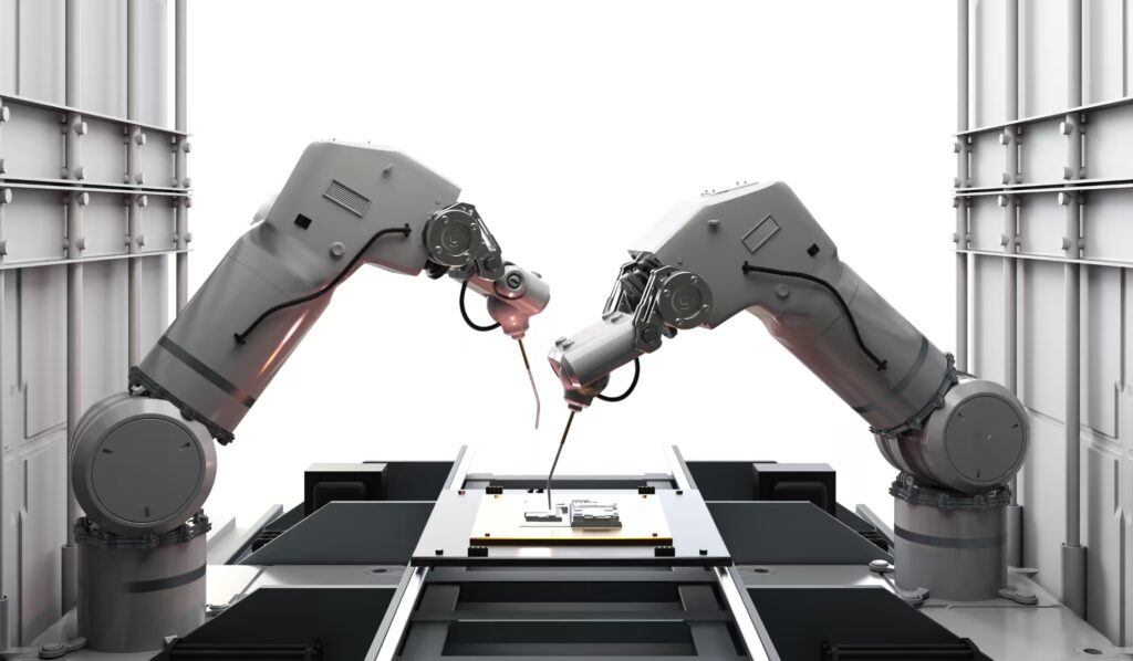 Home 16 Two advanced robotic arms collaborate on a high-precision manufacturing task within a modern automated assembly line.